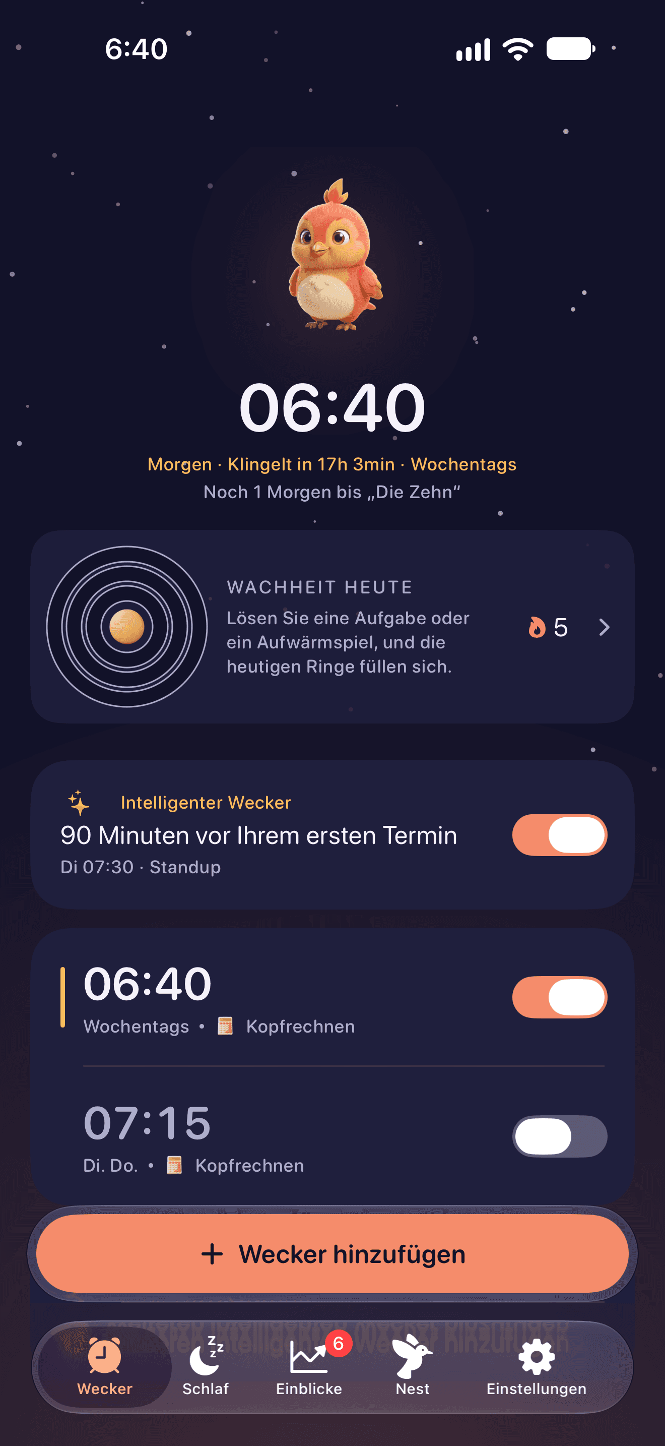 Nächster Wecker und Morgenübersicht