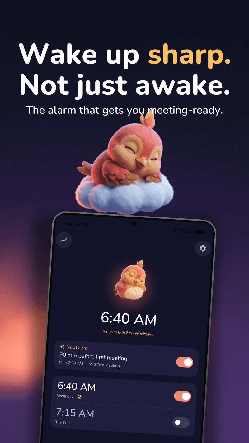 WakeSharp on Android: Home screen with the next alarm and a smart calendar rule