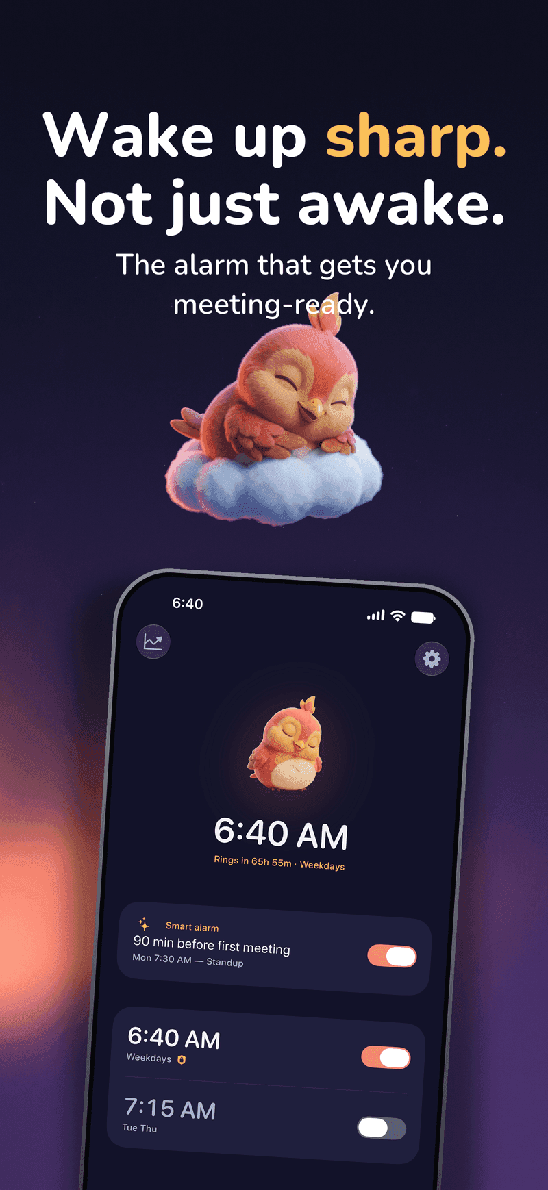 WakeSharp on iPhone: Home screen with the next alarm and a smart calendar rule