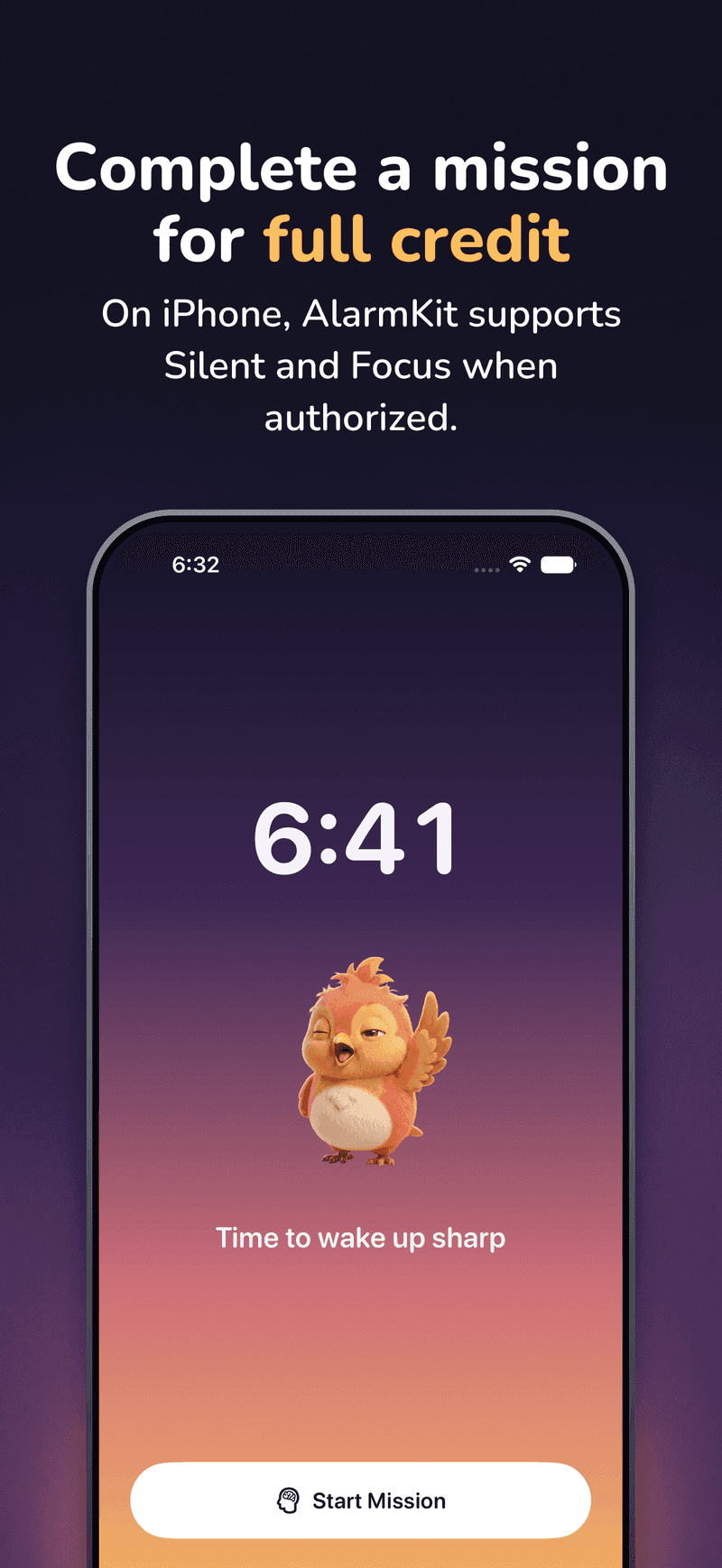 WakeSharp on iPhone: The alarm ringing over the lock screen, headlined “Complete a mission for full credit”