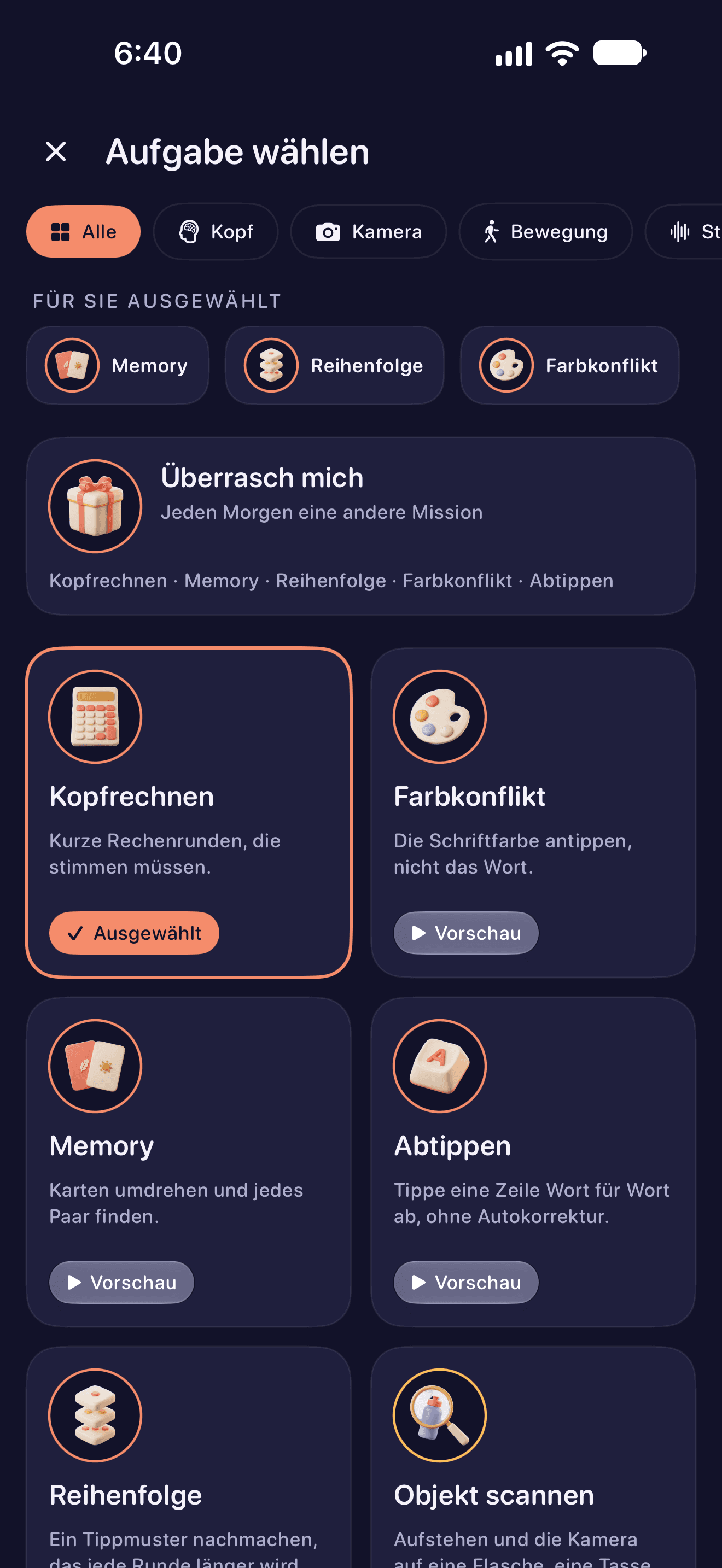 Verfügbare Weckmissionen