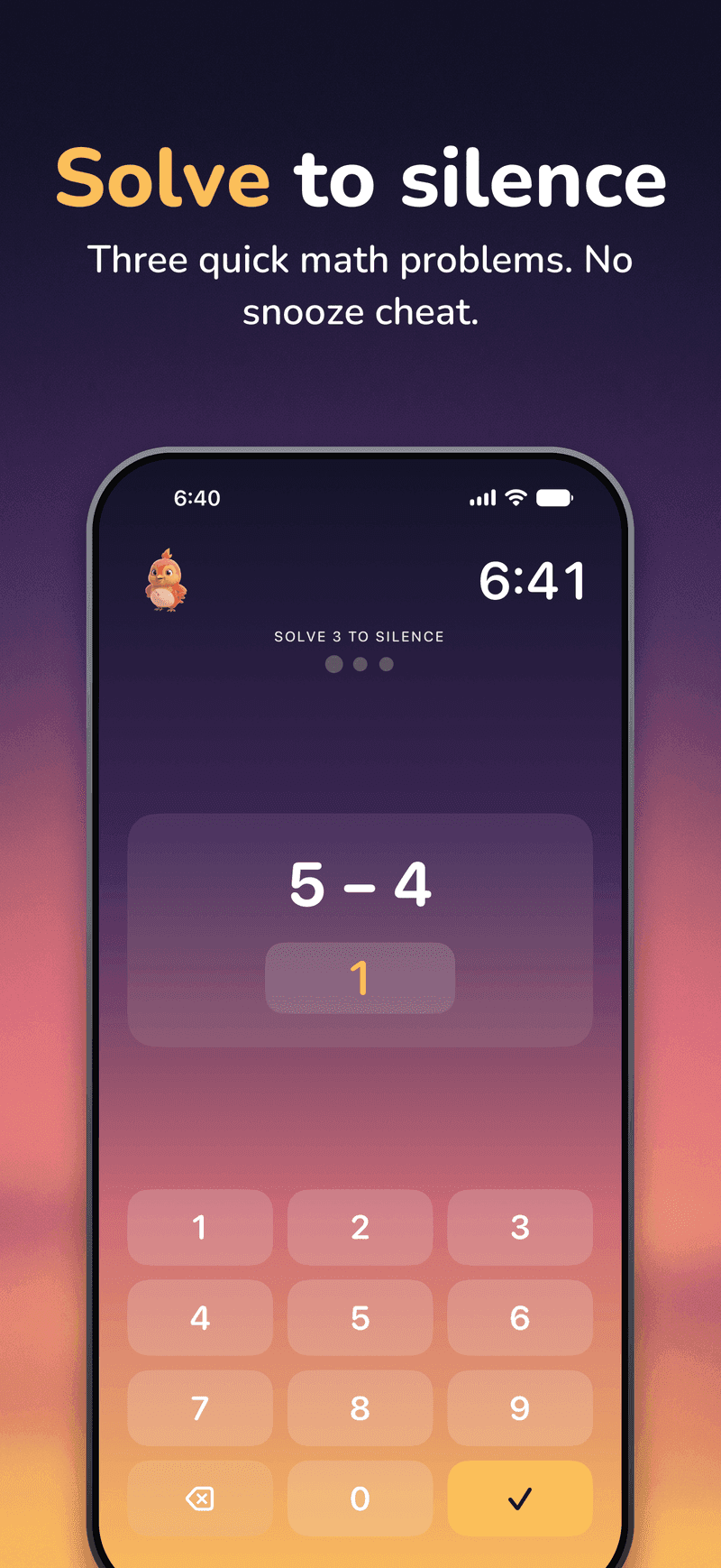 WakeSharp on iPhone: The Mind Games mission that silences the alarm, headlined “Solve to silence”