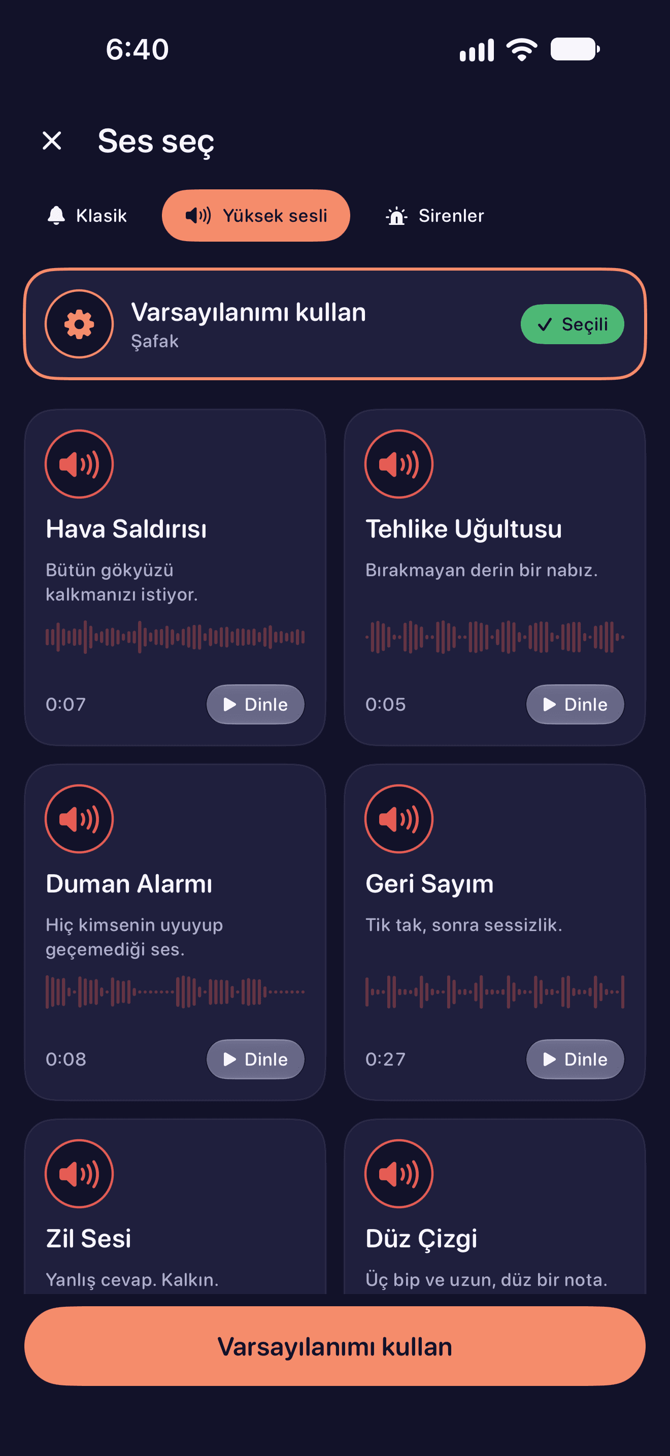 Yüksek Ses kategorisi ve alarm sesleri