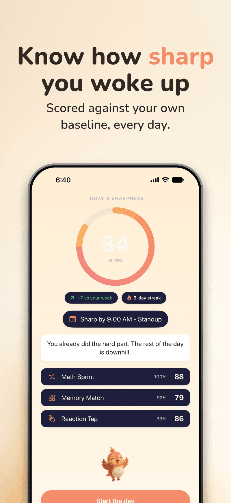 WakeSharp on iPhone: The daily Sharpness Score reveal, scored against your own baseline