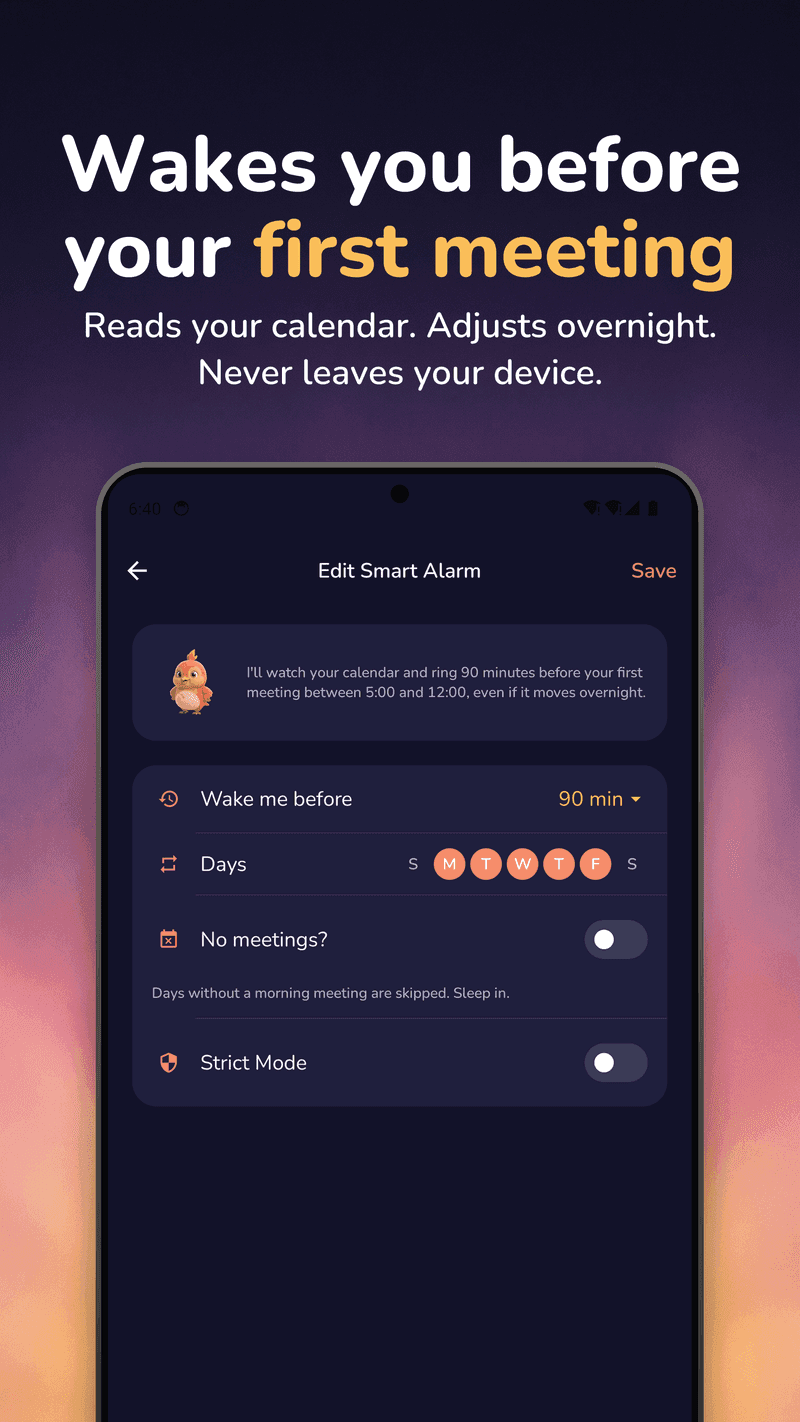WakeSharp on Android: The smart alarm rule editor, headlined “Wakes you before your first meeting”