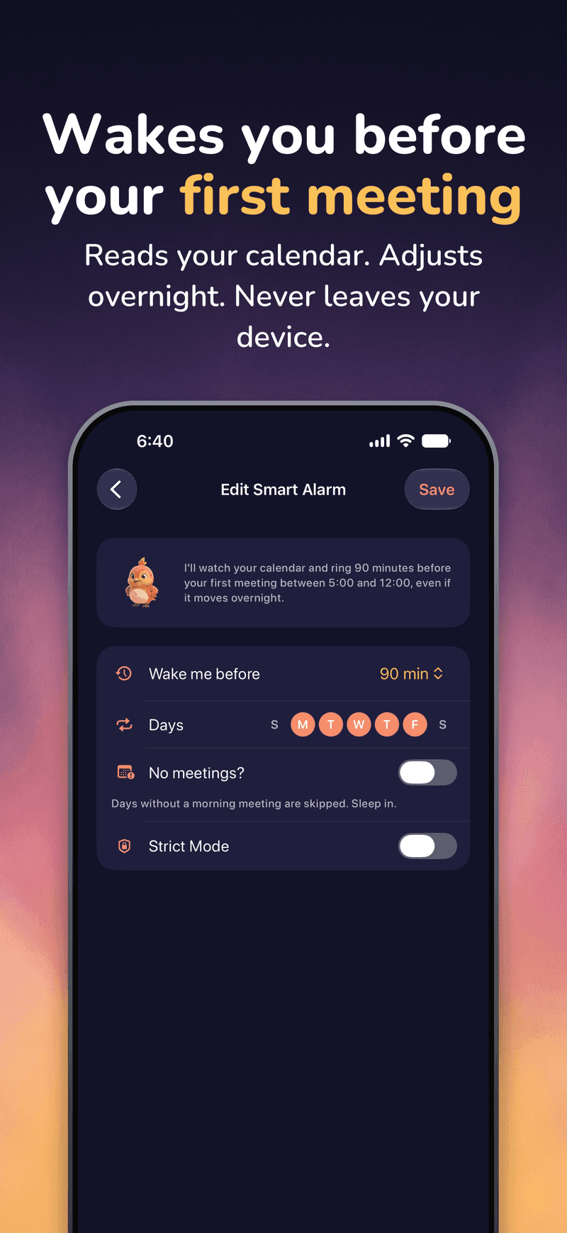 WakeSharp on iPhone: The smart alarm rule editor, headlined “Wakes you before your first meeting”