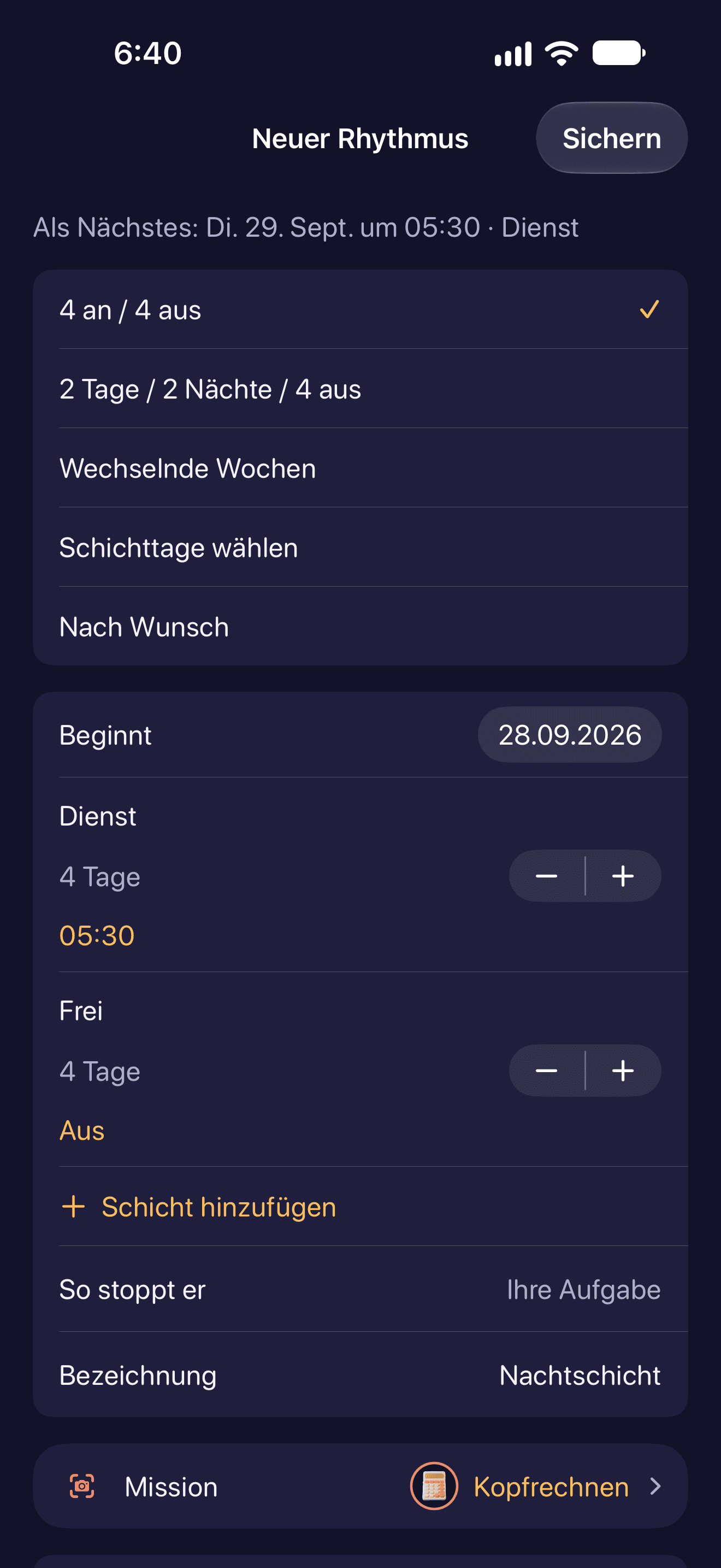 Schichtrotation mit Kalender