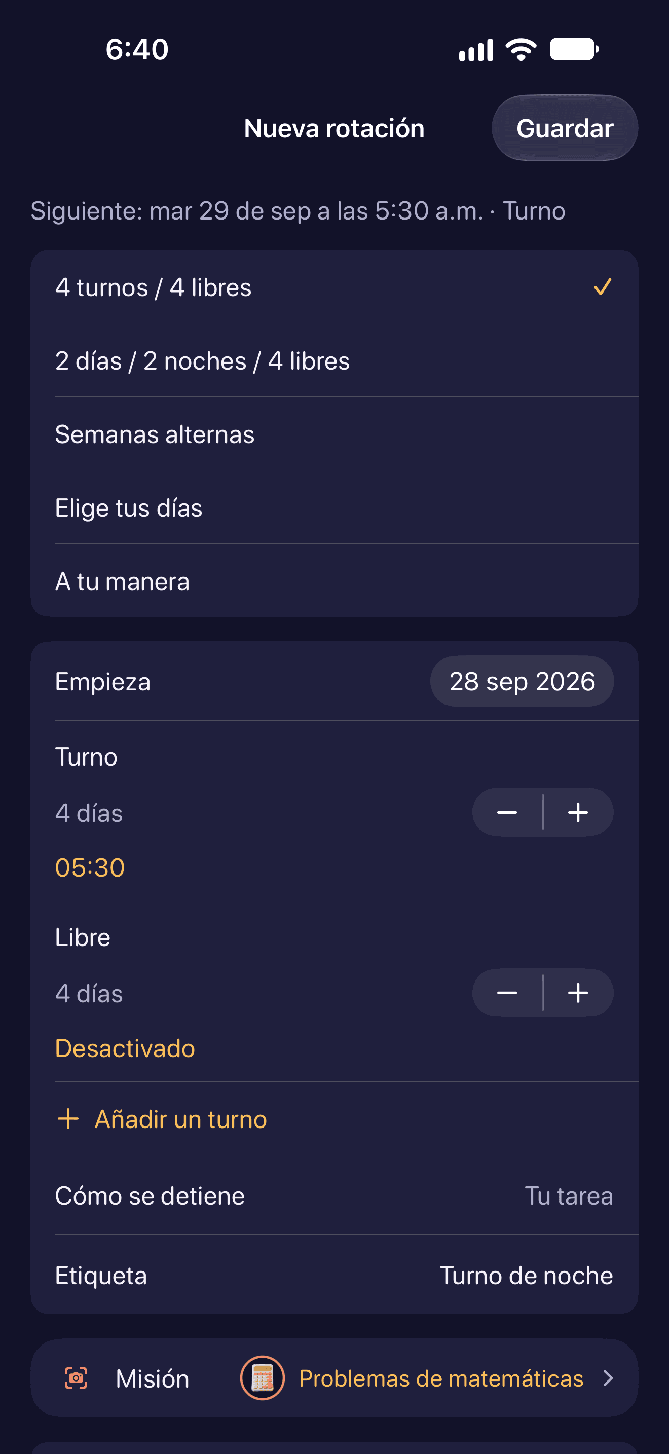 Un ciclo de turnos y su calendario
