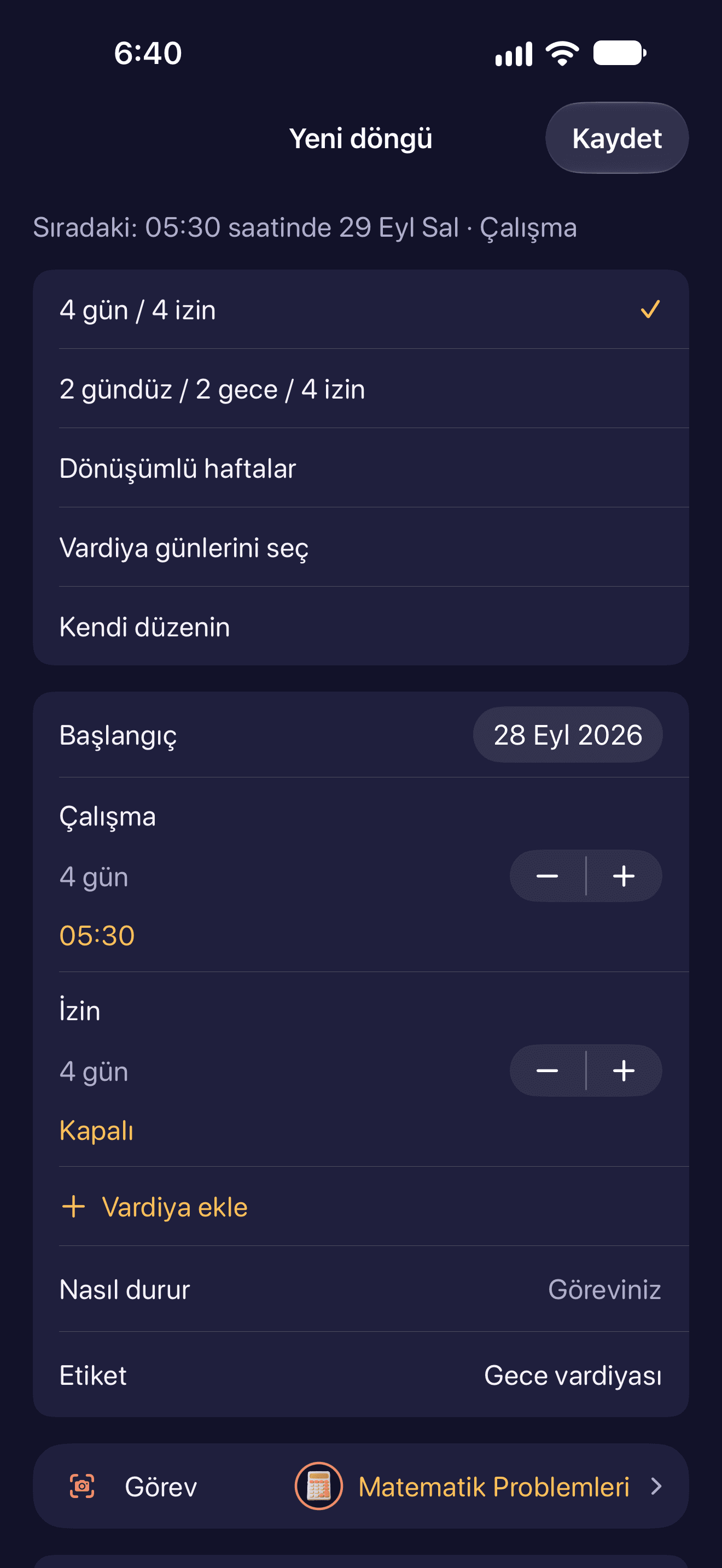 Vardiya döngüsü ve takvimi