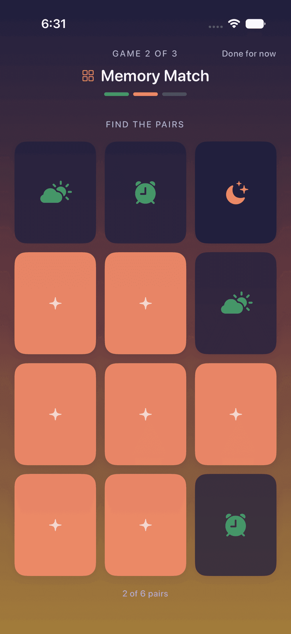The Memory Match warm-up game
