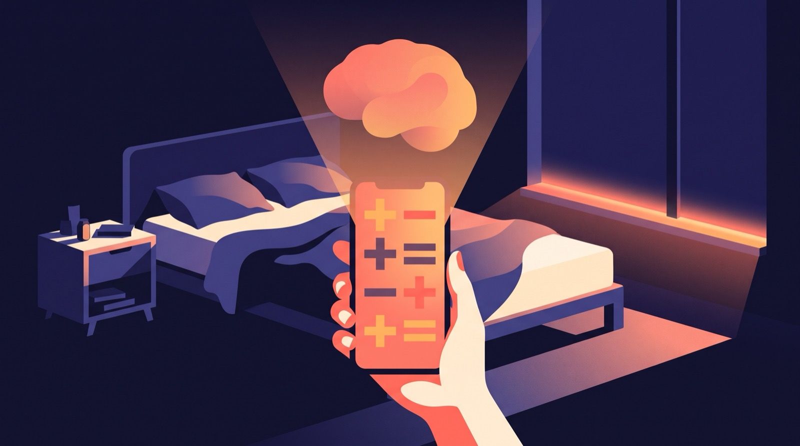 A hand holding up a glowing phone in a dark bedroom at dawn, its screen filled with plus, minus and equals signs.