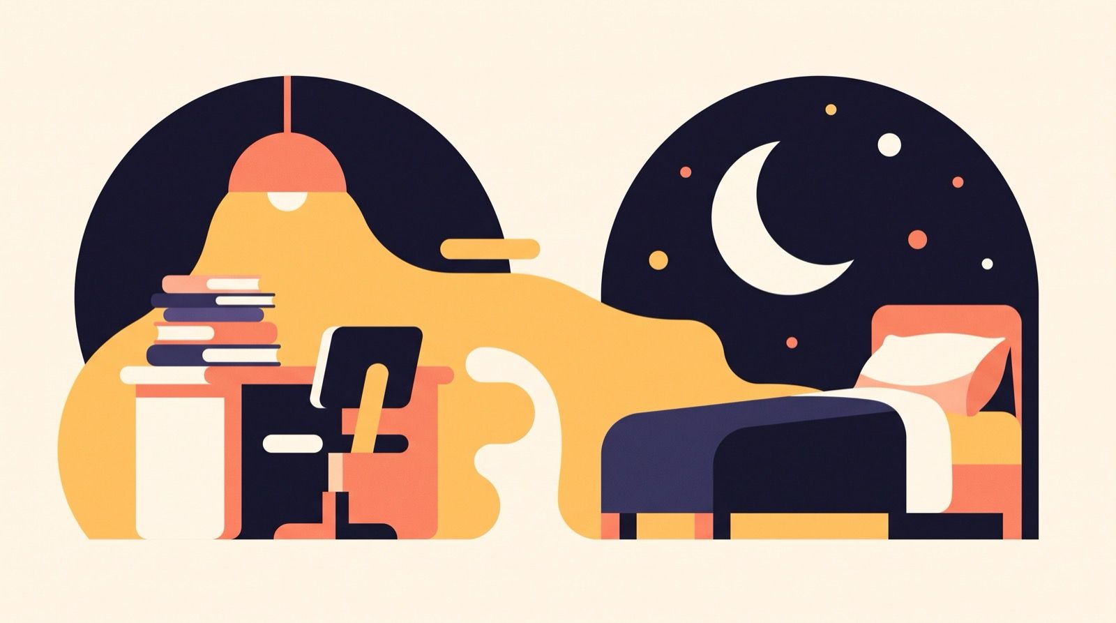 Flat editorial illustration split in two: on the left, a coral desk lamp casting an amber glow over a stack of books at a night desk; on the right, an empty bed under a deep indigo sky with a crescent moon and scattered stars, on a cream background.