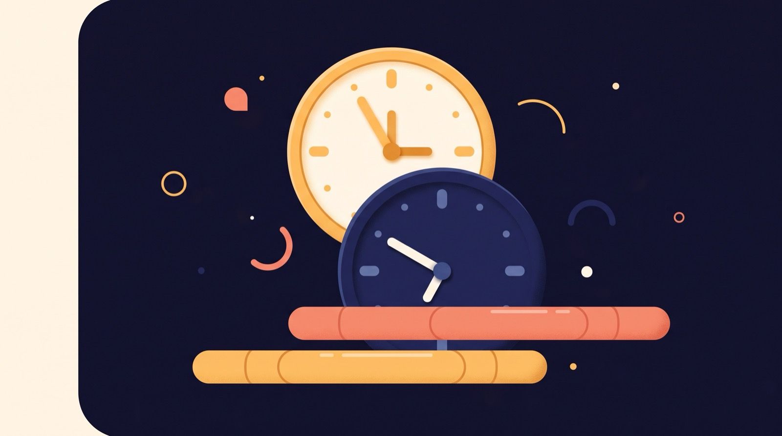 Flat editorial illustration of two large rounded clock faces overlapping but offset from each other, one in warm coral and amber, one in deep indigo night blue, with two horizontal sleep blocks beneath them sitting out of alignment on a cream background.