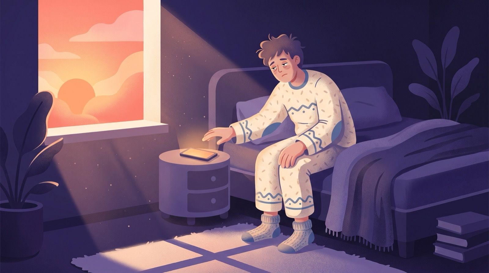 Illustration of a groggy person sitting on the edge of a bed at dawn, reaching for a glowing phone while sunrise light spills through the window.
