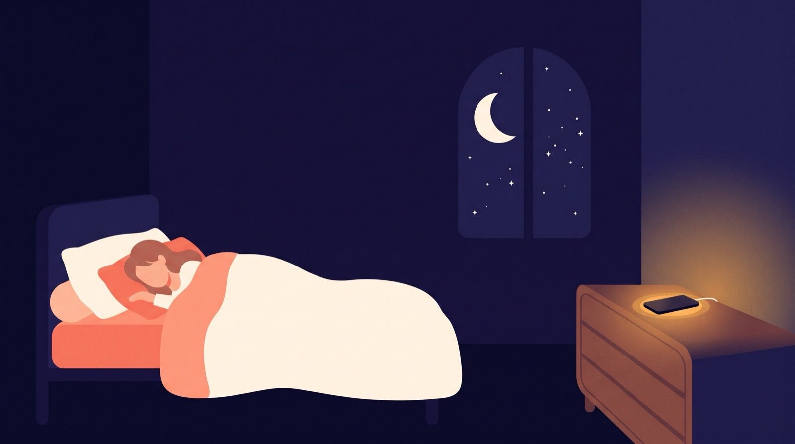 Flat editorial illustration of a dark indigo bedroom at night. A person sleeps in bed while their phone charges on a dresser across the room, giving off a small warm amber halo, and a cream crescent moon sits in the window.