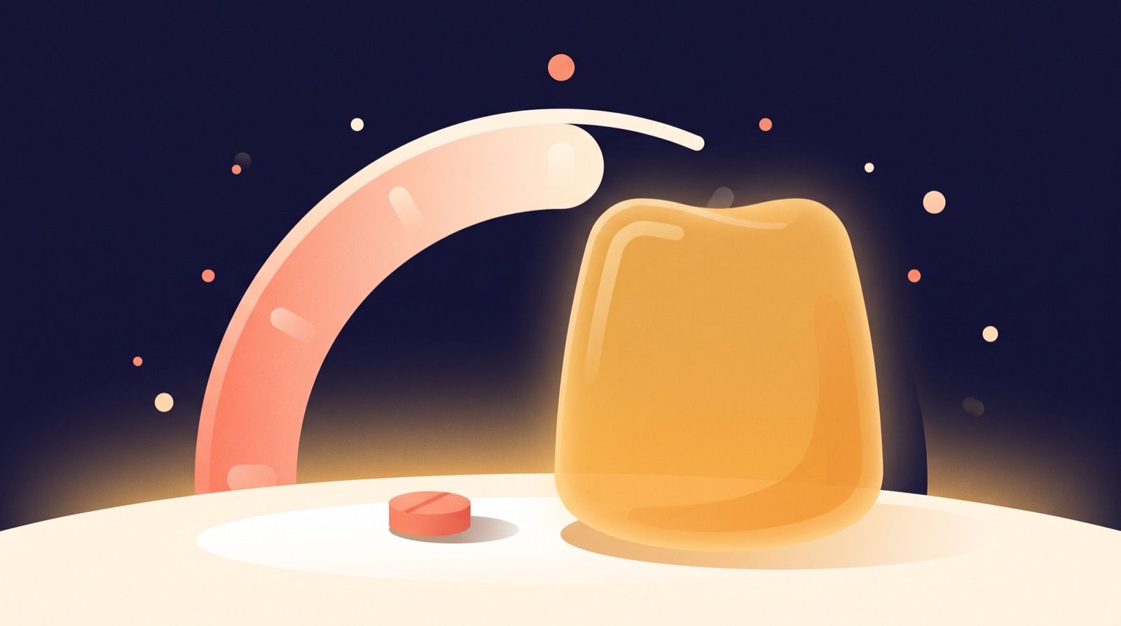 Flat editorial illustration of one small melatonin tablet beside an oversized gummy, set against a deep indigo night sky with coral and amber rounded shapes.