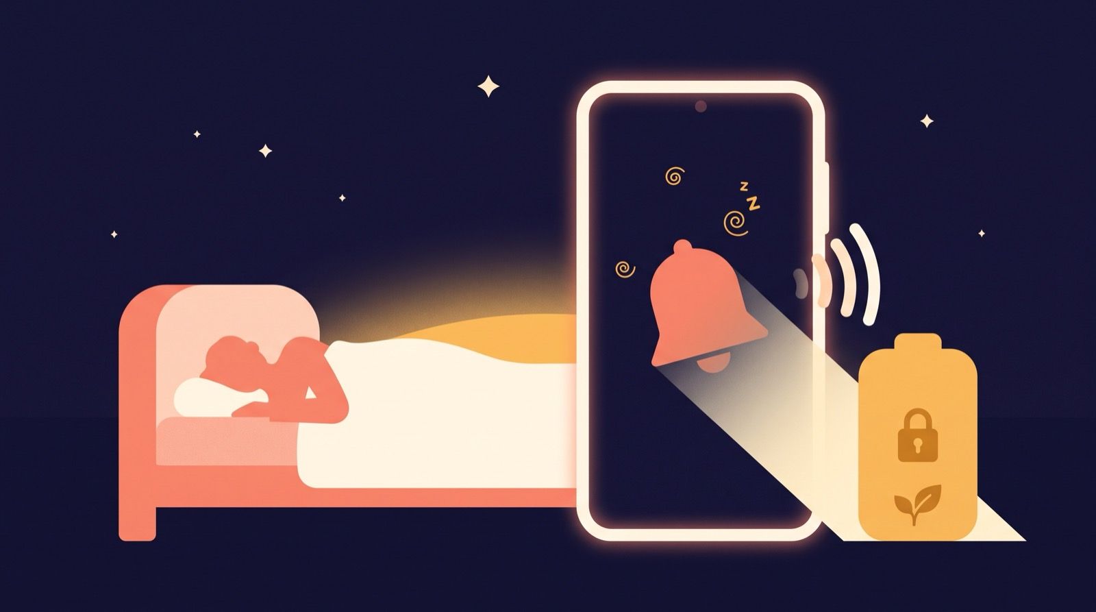 Flat editorial illustration of a sleeping figure beside an Android phone whose coral alarm bell is dimmed by the shadow of an amber battery with a padlock, against a deep indigo night sky.