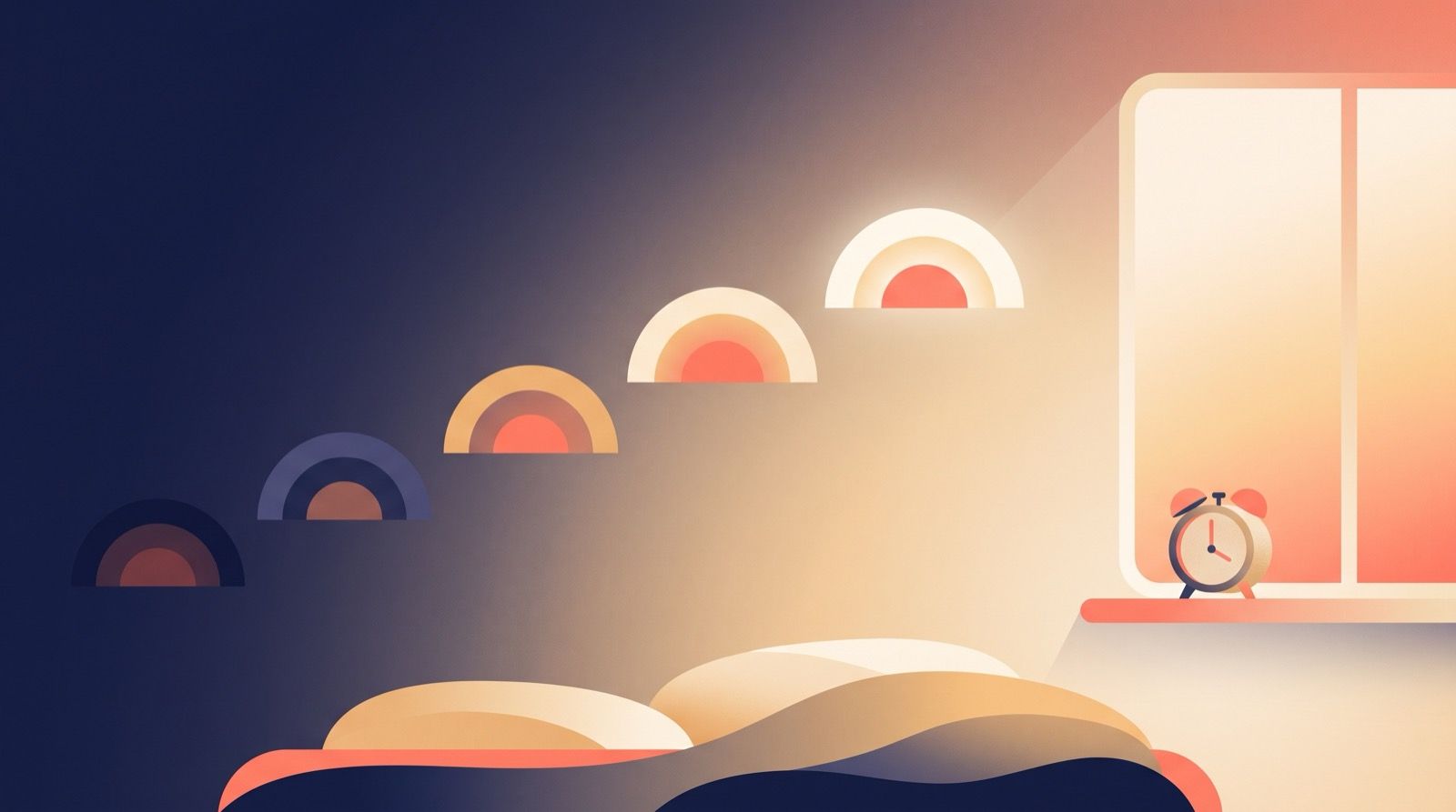 Flat editorial illustration of a bedroom at dawn with an alarm clock on the windowsill and a row of small sunrise arcs stepping gradually higher and brighter across the wall, in coral, amber and cream against deep indigo night tones.
