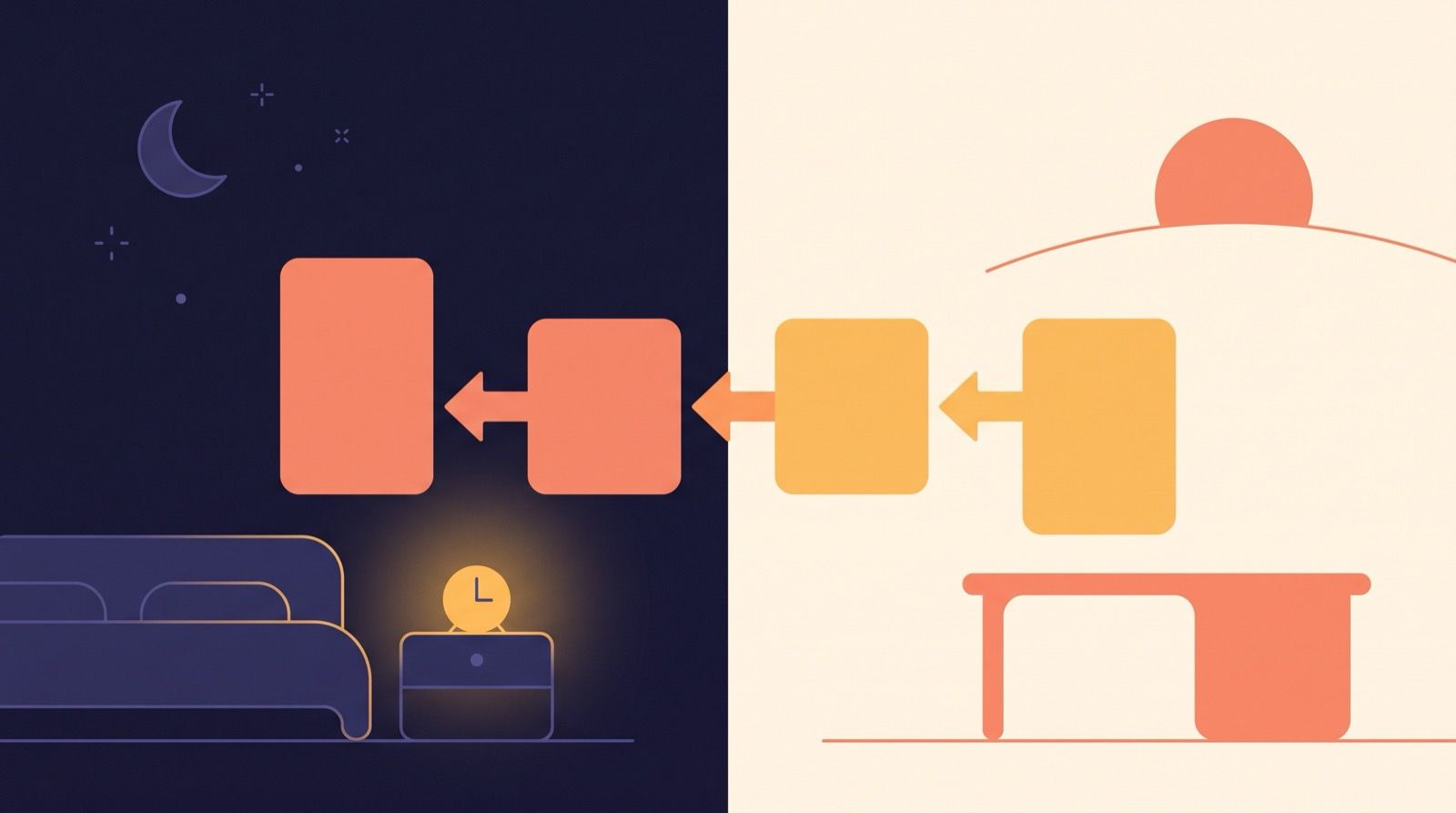 Flat editorial illustration split between a cream morning side with a rising sun and a desk, and a deep indigo night side with a bed and a glowing bedside clock, four rounded amber and coral blocks stepping backward from morning to bedtime.