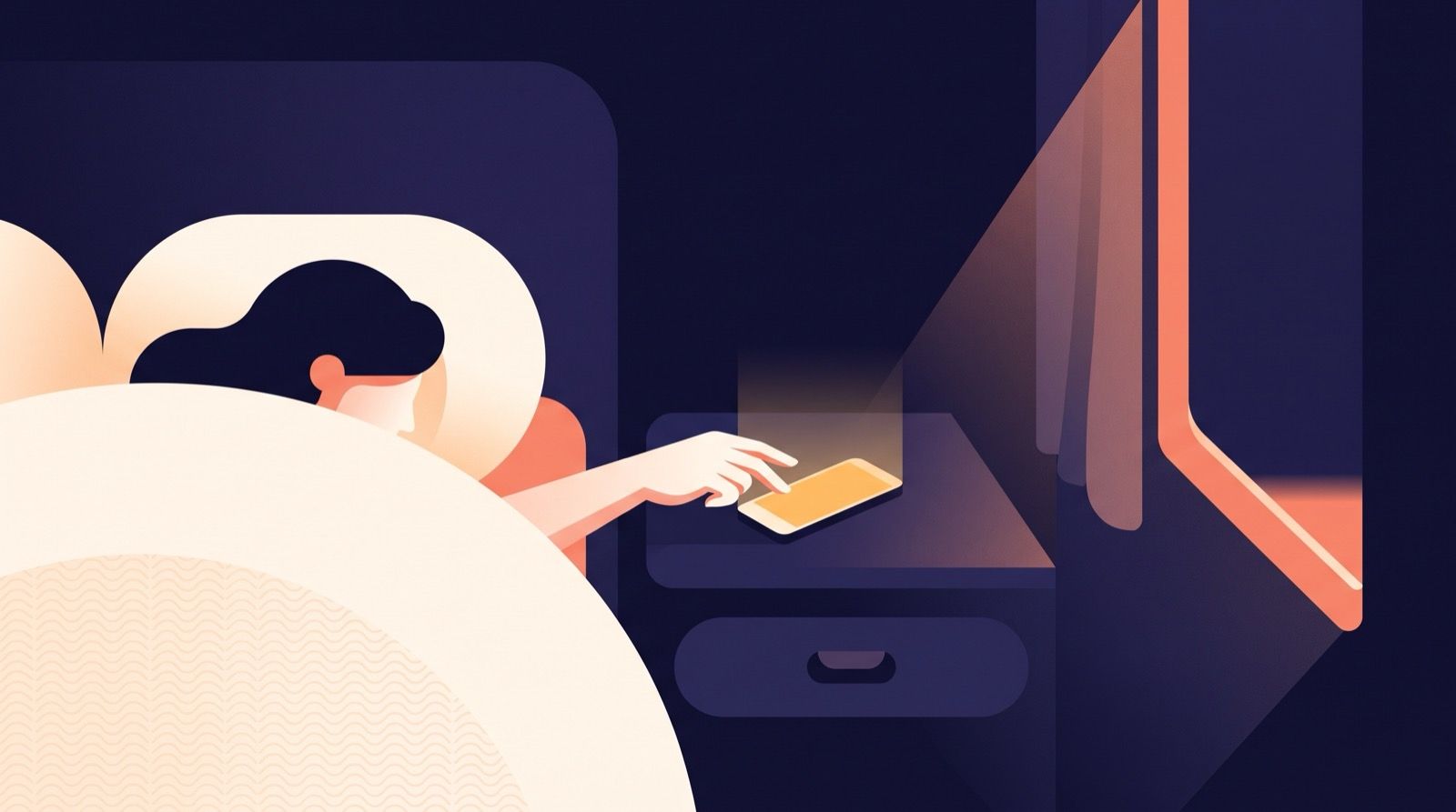 Illustration of a dark bedroom before dawn: a sleeper lies with eyes closed on a cream pillow while their hand reaches out from under the duvet toward a glowing phone on the nightstand, a sliver of coral sunrise light at the window behind.