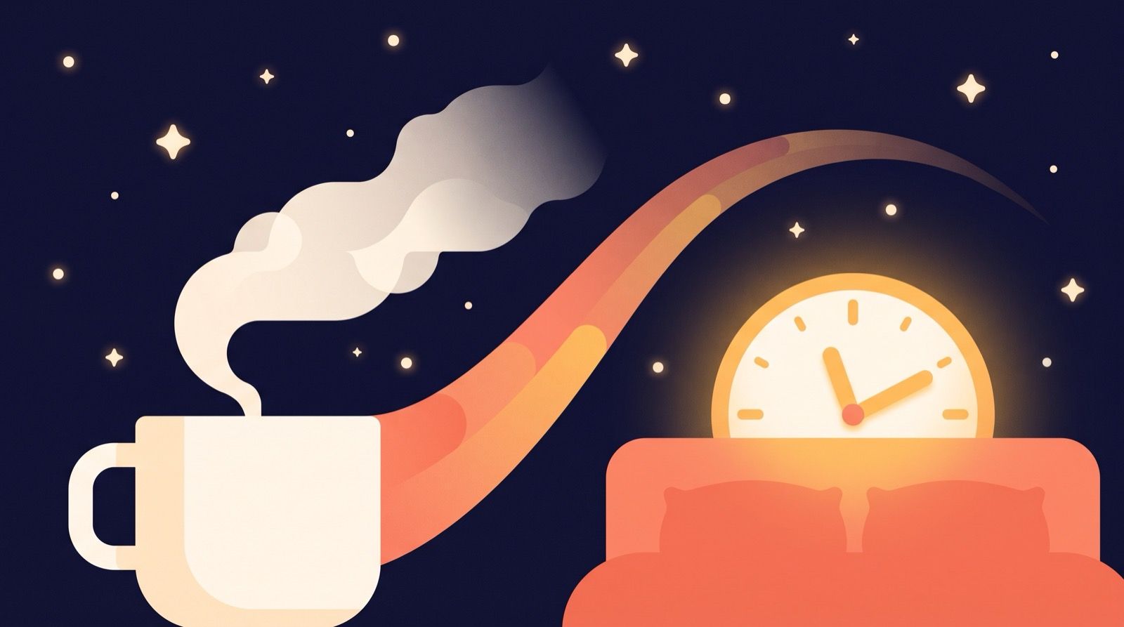Flat illustration of a cream coffee cup whose steam curls into a coral and amber arc sweeping across a starry indigo night sky toward a glowing clock face above a bed.