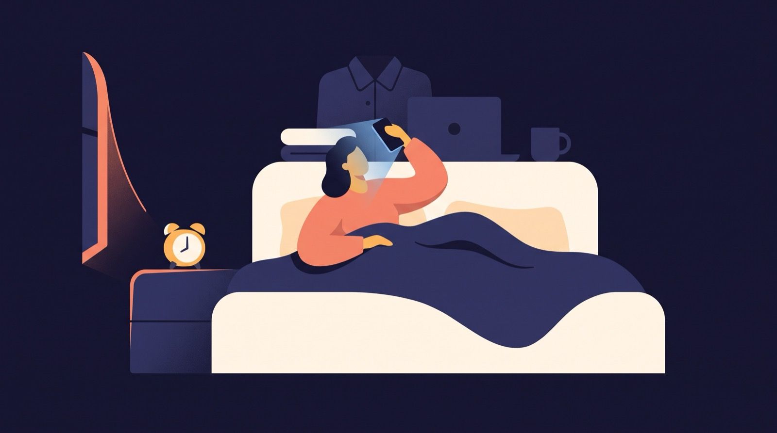 Illustration of a person sitting up late in a dark room lit only by a phone screen, the day's work and chores stacked behind them and a waiting alarm clock ahead.