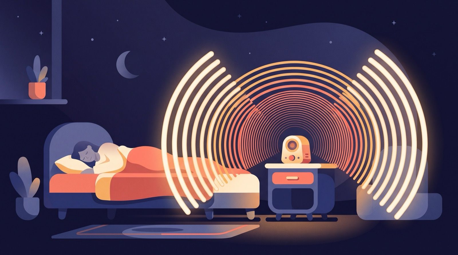 Concentric sound waves drawn as soft rounded coral and amber arcs spreading across a deep indigo bedroom, with a bed and a small bedside speaker as simple shapes.