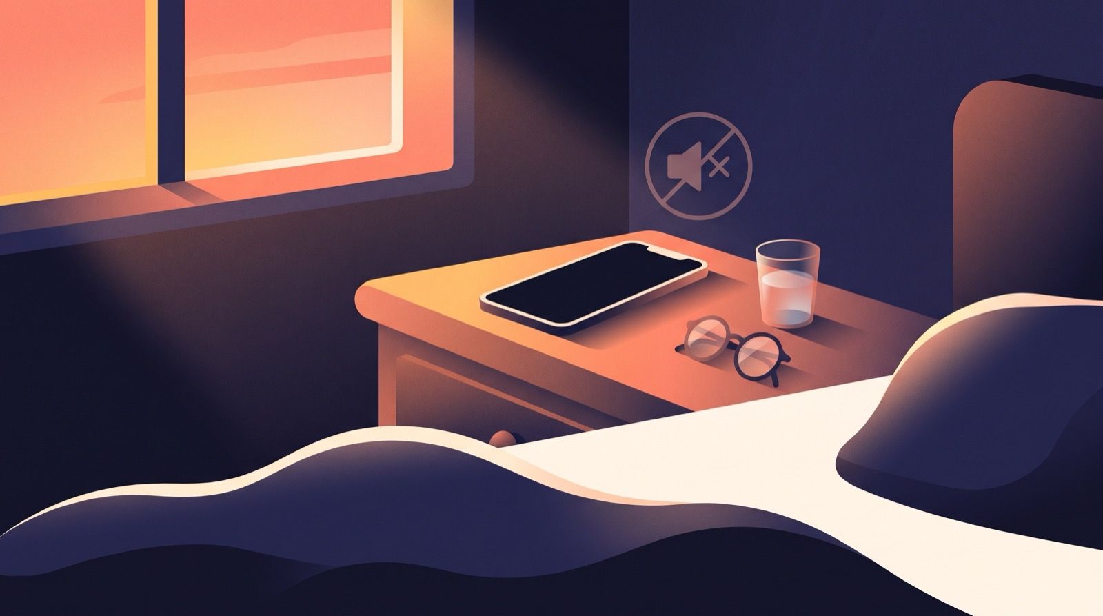 Flat illustration of a silent iPhone lying face up on a nightstand at dawn, lit by coral and amber light against a deep indigo bedroom.