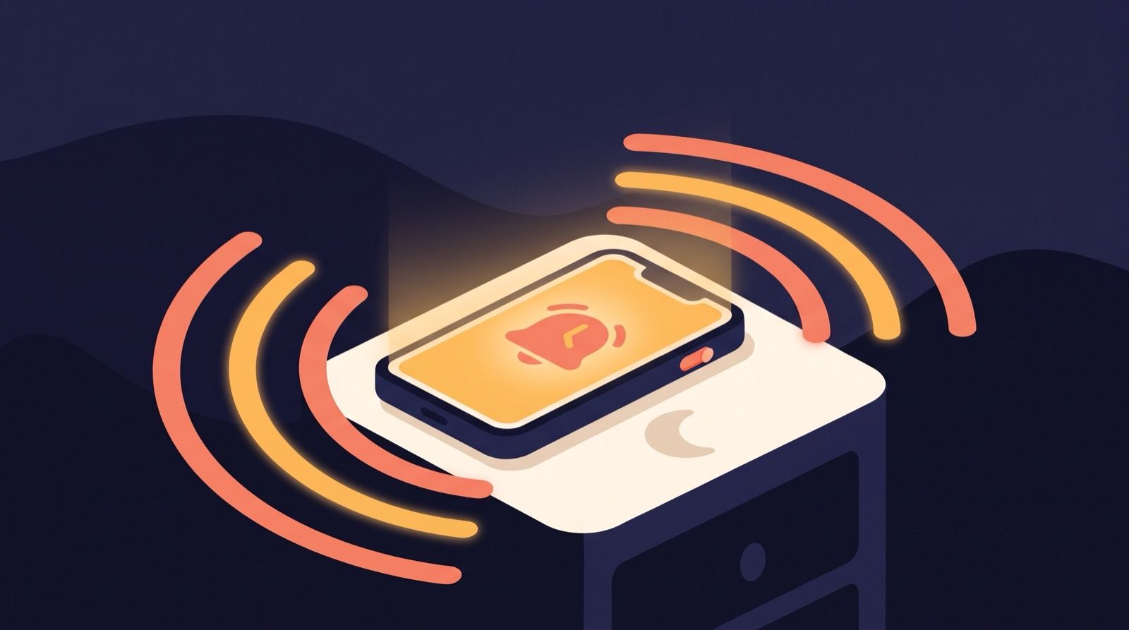 Flat editorial illustration of a phone lying on a nightstand at night, a small coral mute switch flipped on its side while amber and coral sound waves ring out from the glowing alarm bell on its screen, a cream crescent moon resting beside it against a deep indigo sky.