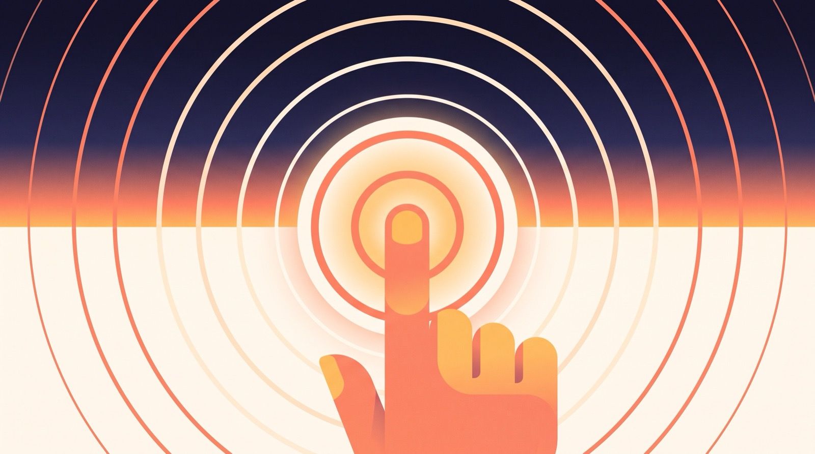 Flat editorial illustration of a coral fingertip pressing a glowing amber target, with concentric ripple rings spreading across a cream foreground and a deep indigo dawn horizon behind it.