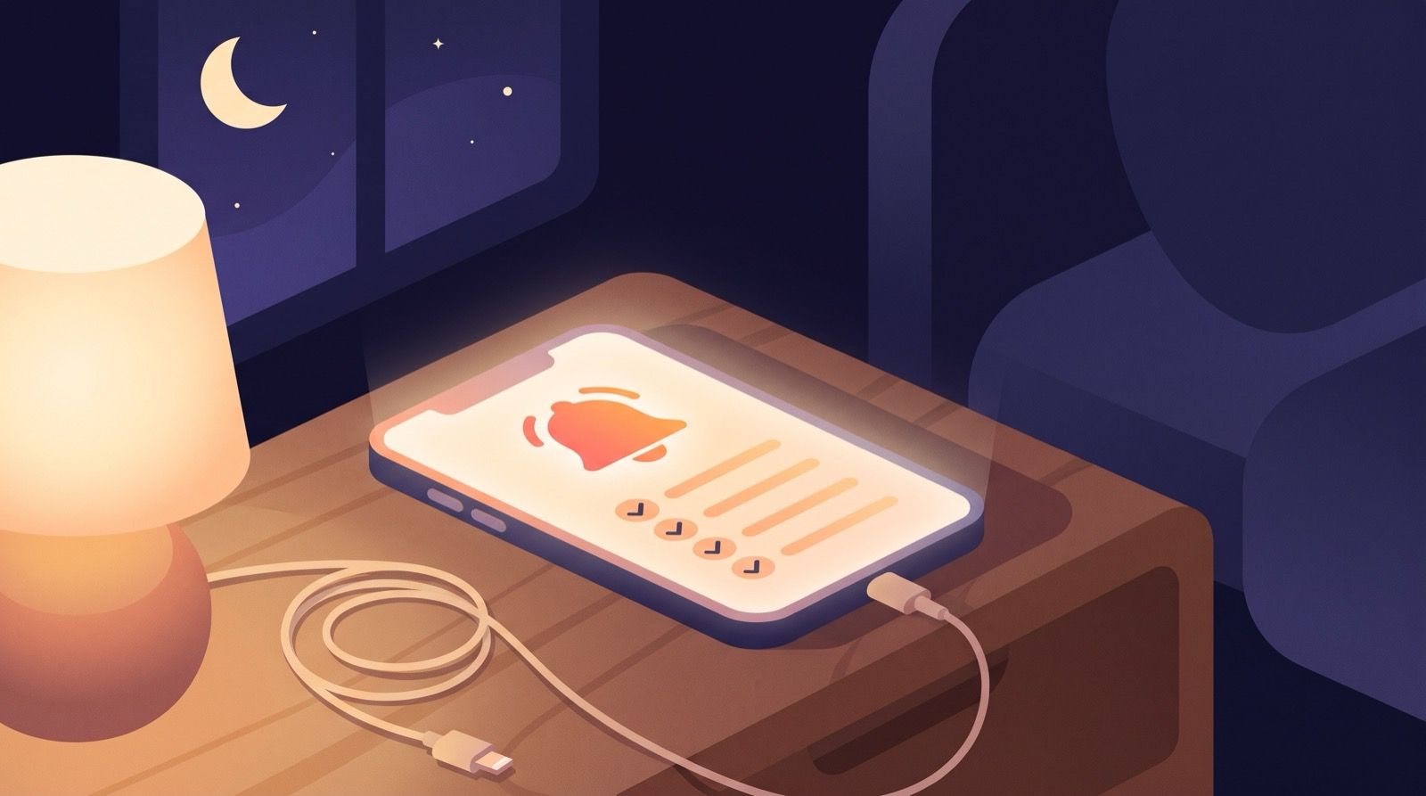 Flat illustration of a phone charging on a bedside table at night, a small checklist floating beside it, in coral and amber against deep indigo.