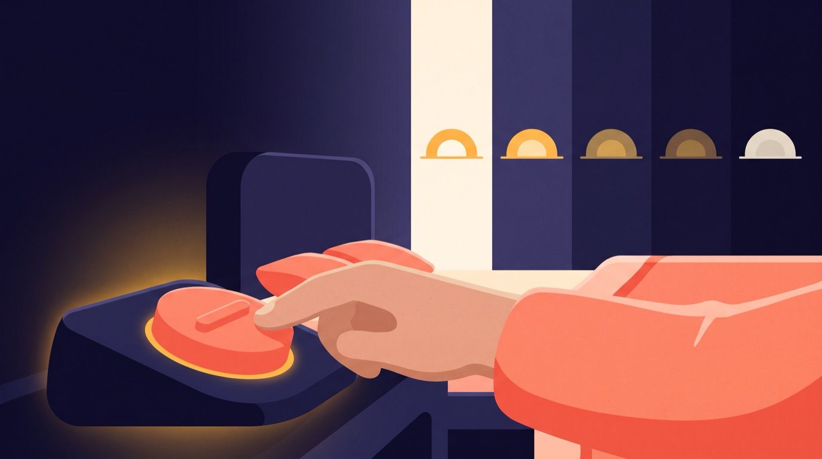 Flat editorial illustration of a hand pressing a large glowing coral snooze button beside a bed, with a row of five sunrises fading from bright amber to grey in the window behind it.