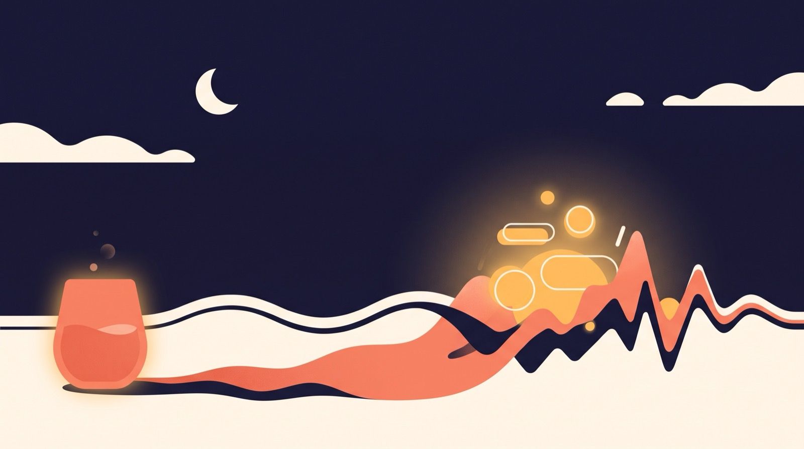 Flat editorial illustration of a coral wine glass beside a sleep wave that starts smooth and breaks into jagged peaks under an amber glow, on a deep indigo night sky.