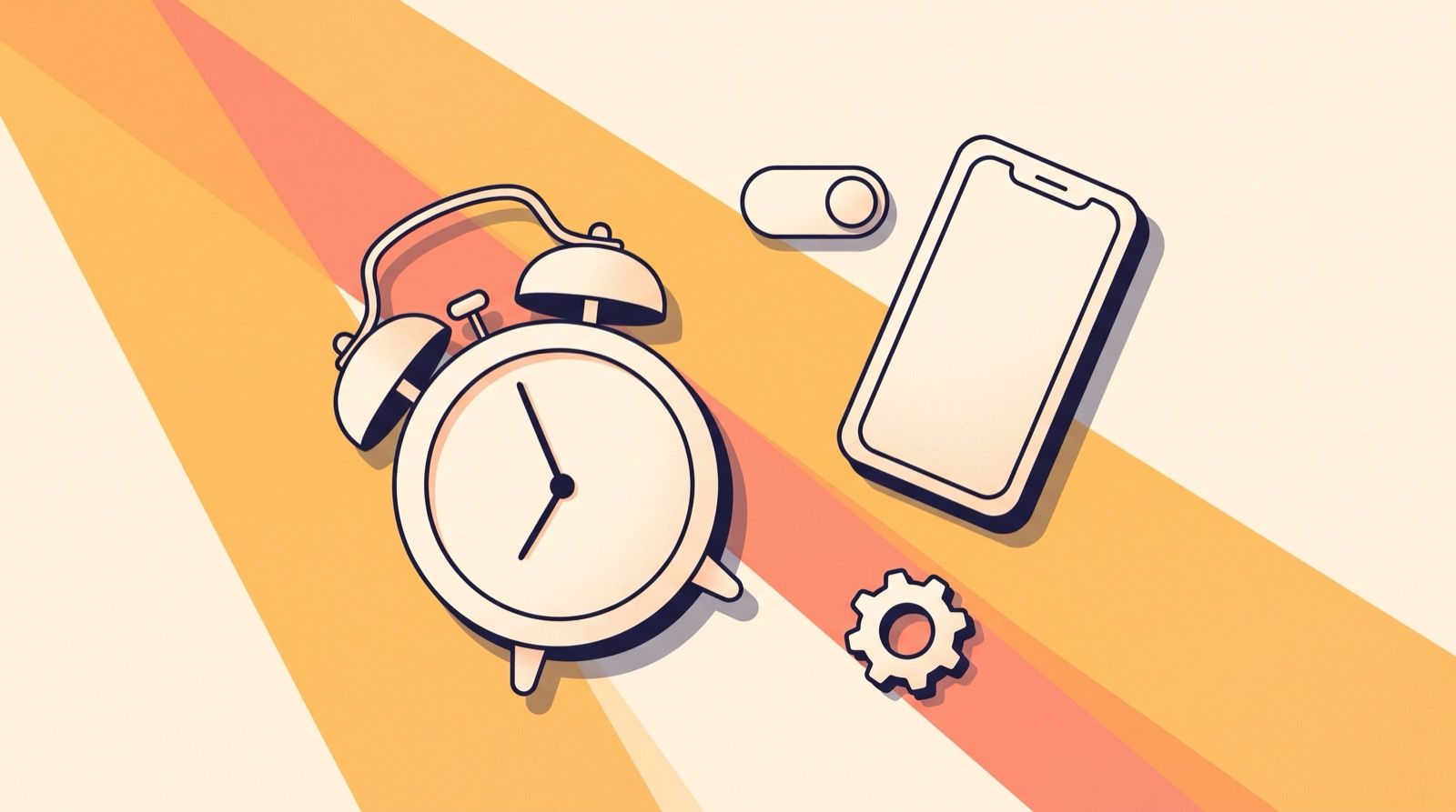 Flat illustration of a classic twin-bell alarm clock beside a smartphone, a toggle switch and a gear, on warm diagonal bands of amber and coral light.