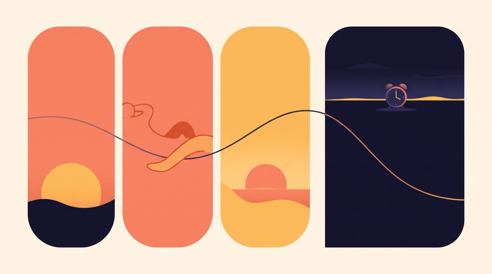 Flat editorial illustration of four rounded panels: three warm coral and amber days with low sunsets and a reclining figure, then a deep indigo night panel holding a small coral alarm clock, with a curving line that rises across the weekend and drops sharply into the dark panel.