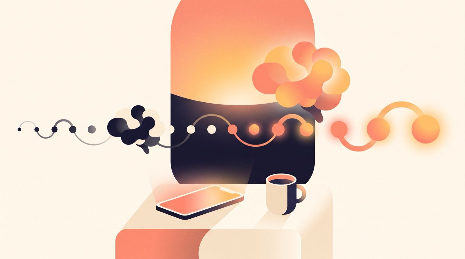 Flat editorial illustration of a bedside scene at dawn: a phone and a coffee mug on a nightstand beneath a window of rising coral and amber light, with a chain of dots growing from small and dark to large and bright across the frame.