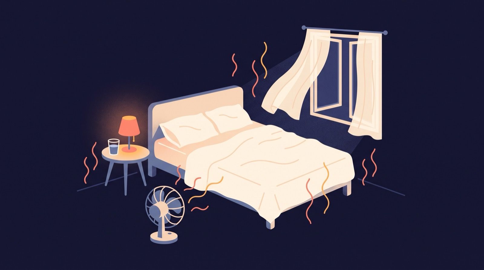 Flat editorial illustration of a bedroom on a hot late-summer night, with an open window, a small fan on the sill and curtains lifting in coral and amber against a deep indigo sky.
