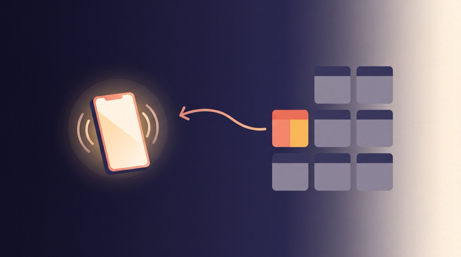 Flat editorial illustration of a phone ringing in the dark, a grid of calendar blocks beside it, and a curved arrow sweeping backward from one glowing coral and amber block to the phone.