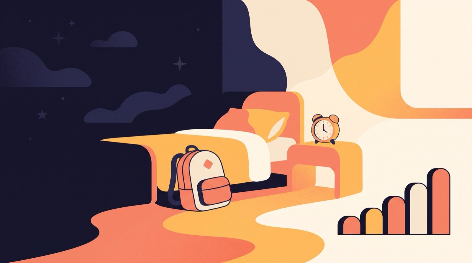 Flat illustration of a bedroom at dawn: a school backpack and a small alarm clock in warm morning light, with the night sky receding on the left and a row of rising bars on the right suggesting a wake time shifting earlier day by day.