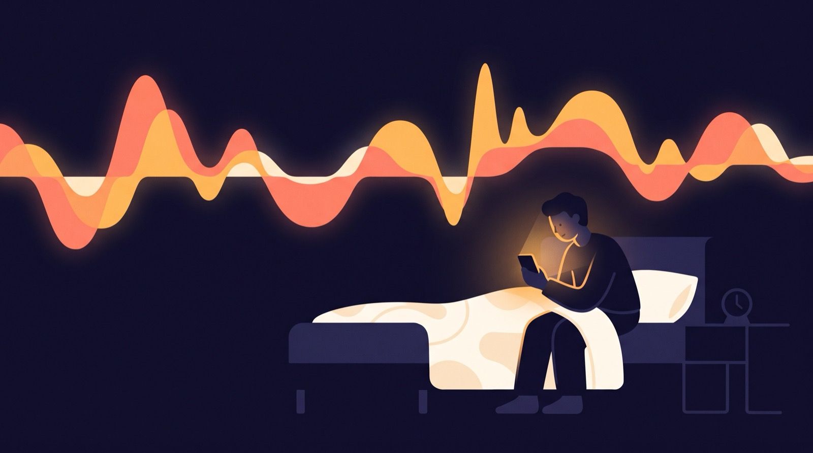 Illustration of a person sitting on the edge of a bed at night holding a glowing phone, while a ribbon of uneven wave shapes drifts across the dark room instead of a neat repeating pattern.