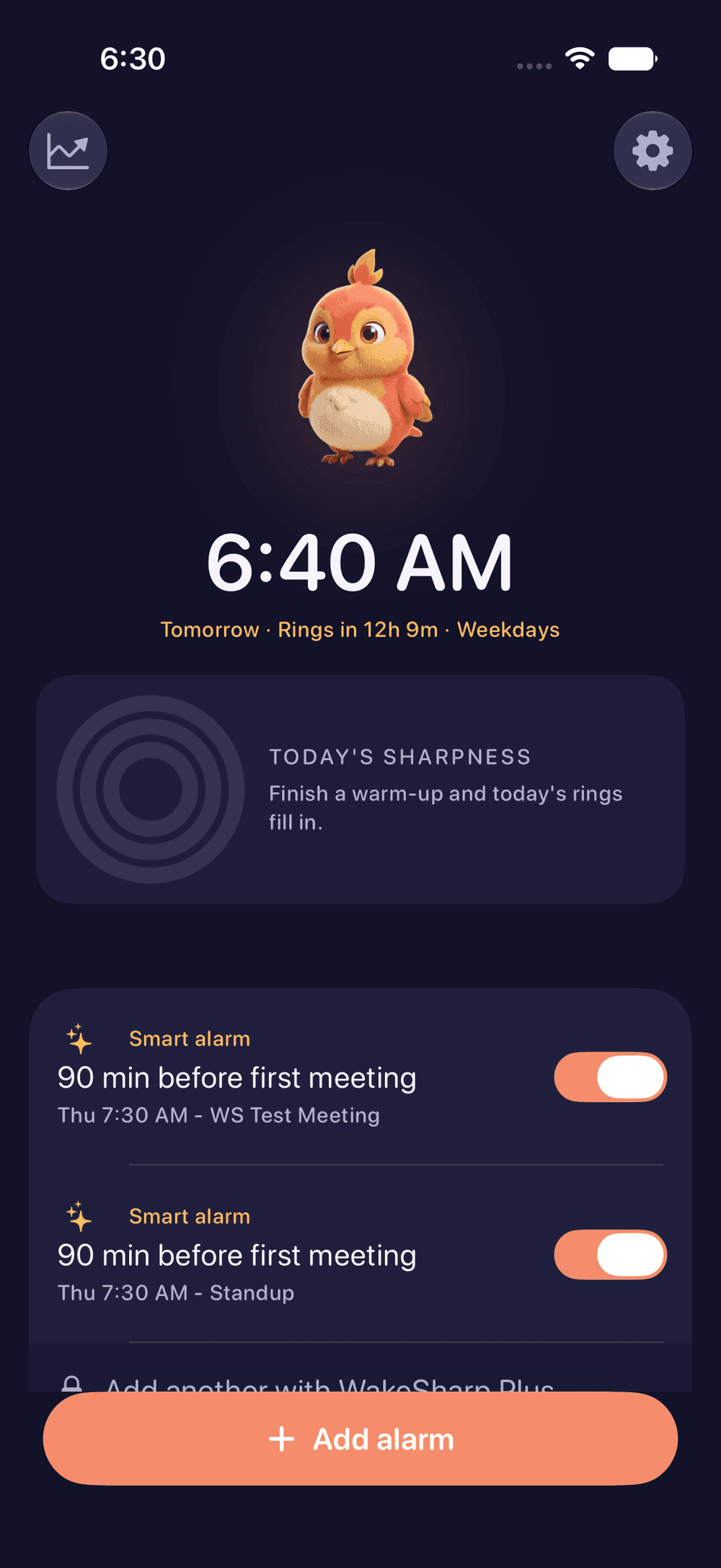 WakeSharp home screen at night, showing a 6:40 AM alarm and a smart calendar rule