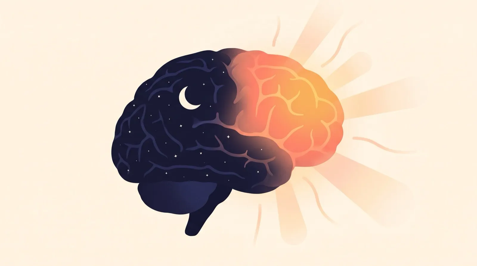 Illustration of a brain in profile, half wrapped in night-time darkness with stars, the front half glowing in warm sunrise colors.