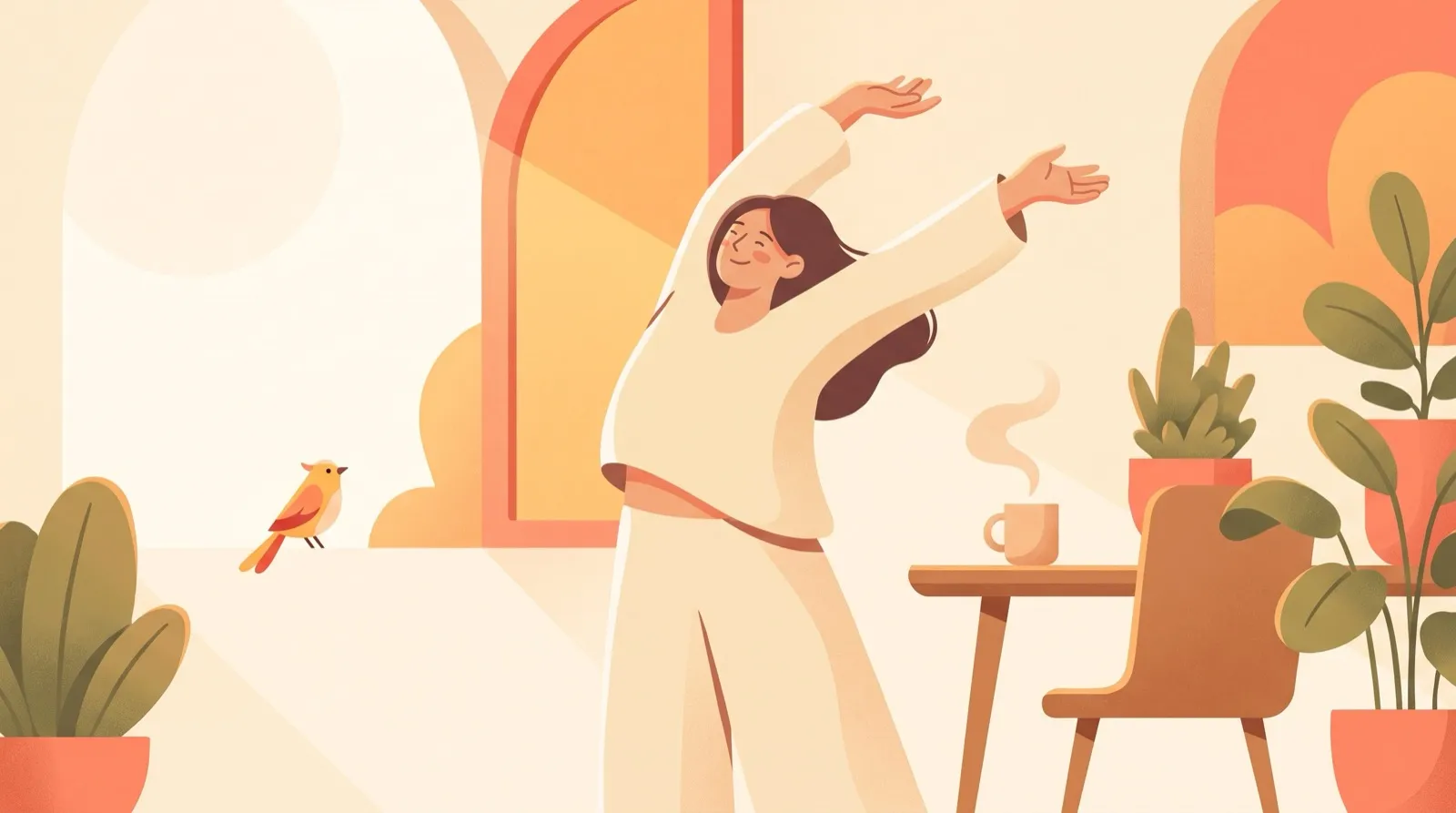 Illustration of a refreshed person stretching at a bright open window in the morning, with a bird on the sill and coffee steaming on the desk.
