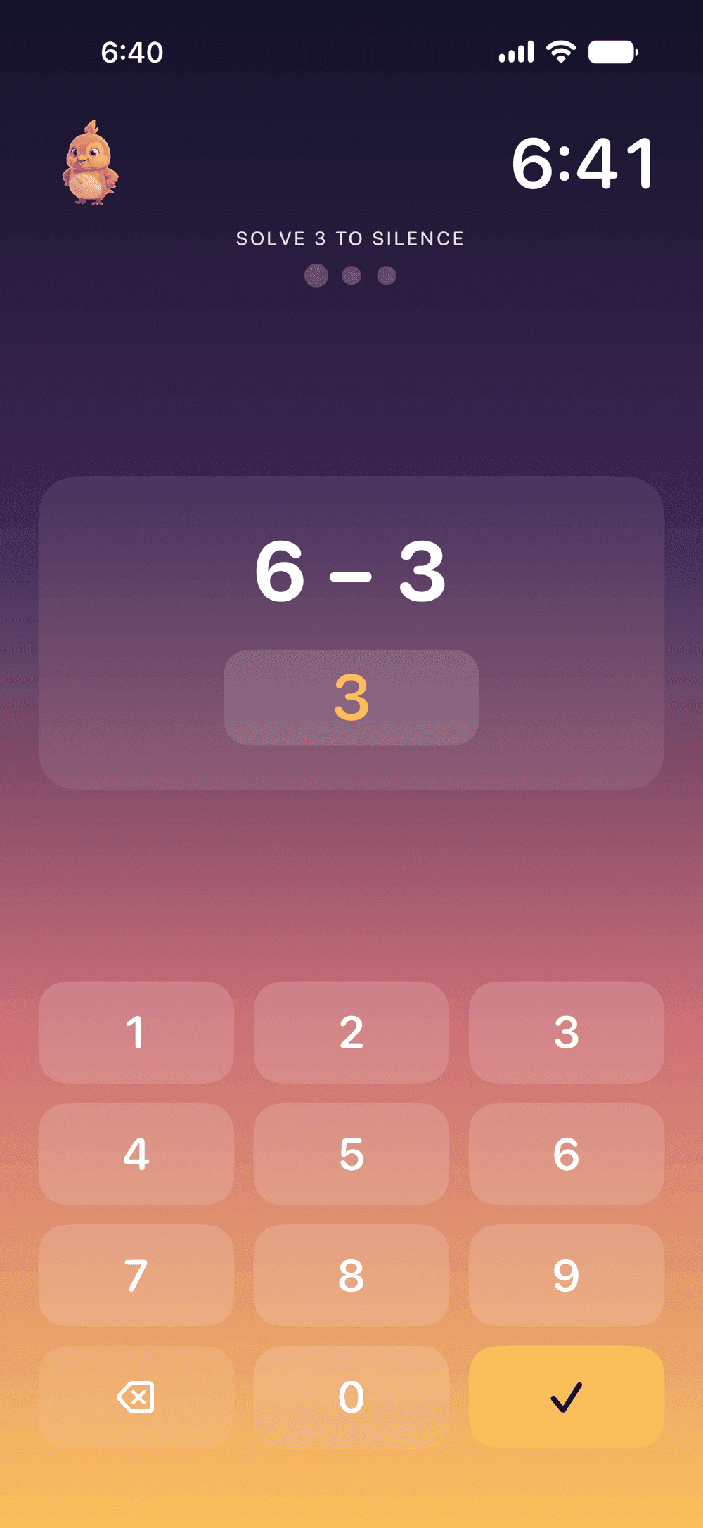 The math mission: solve 6 minus 3 to silence the alarm