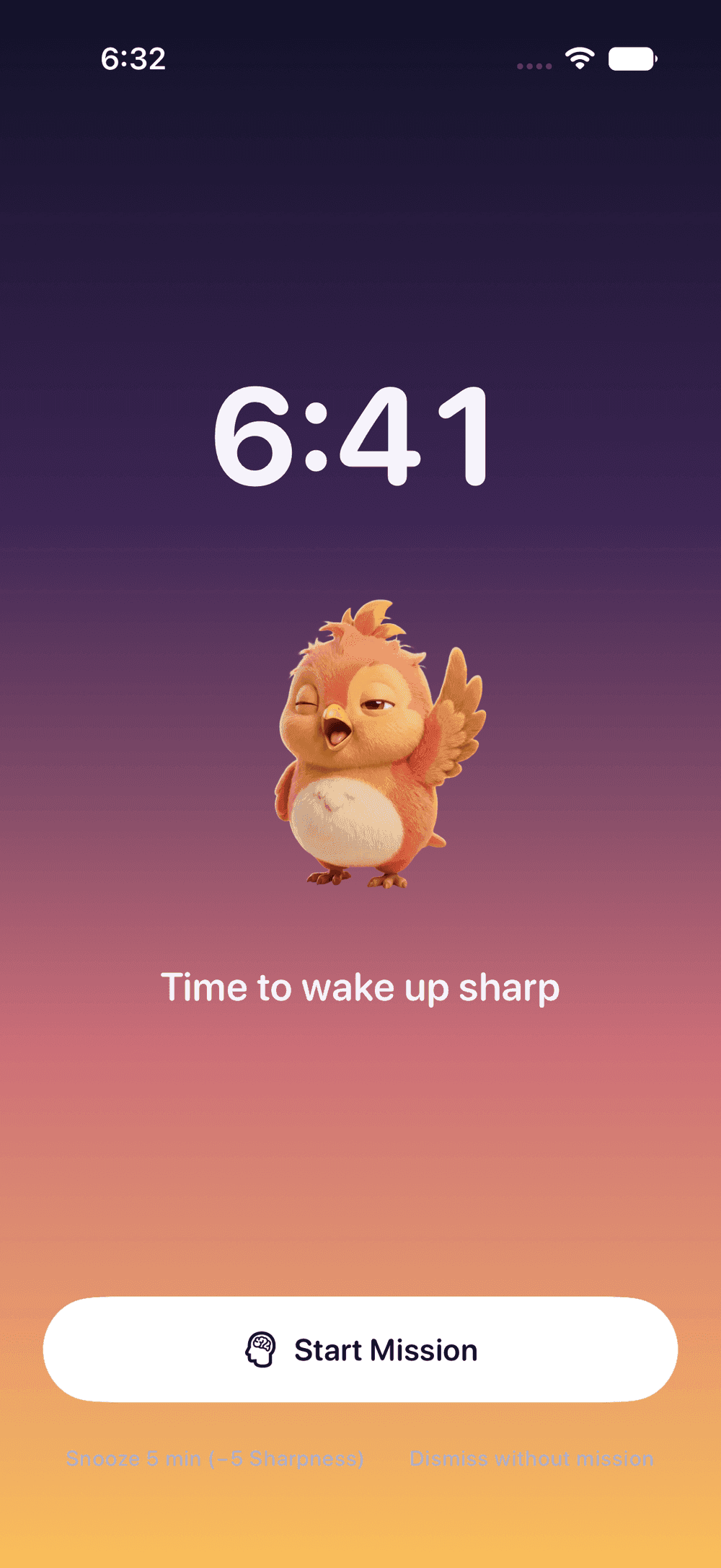 The WakeSharp alarm ringing, with Start Mission and Snooze