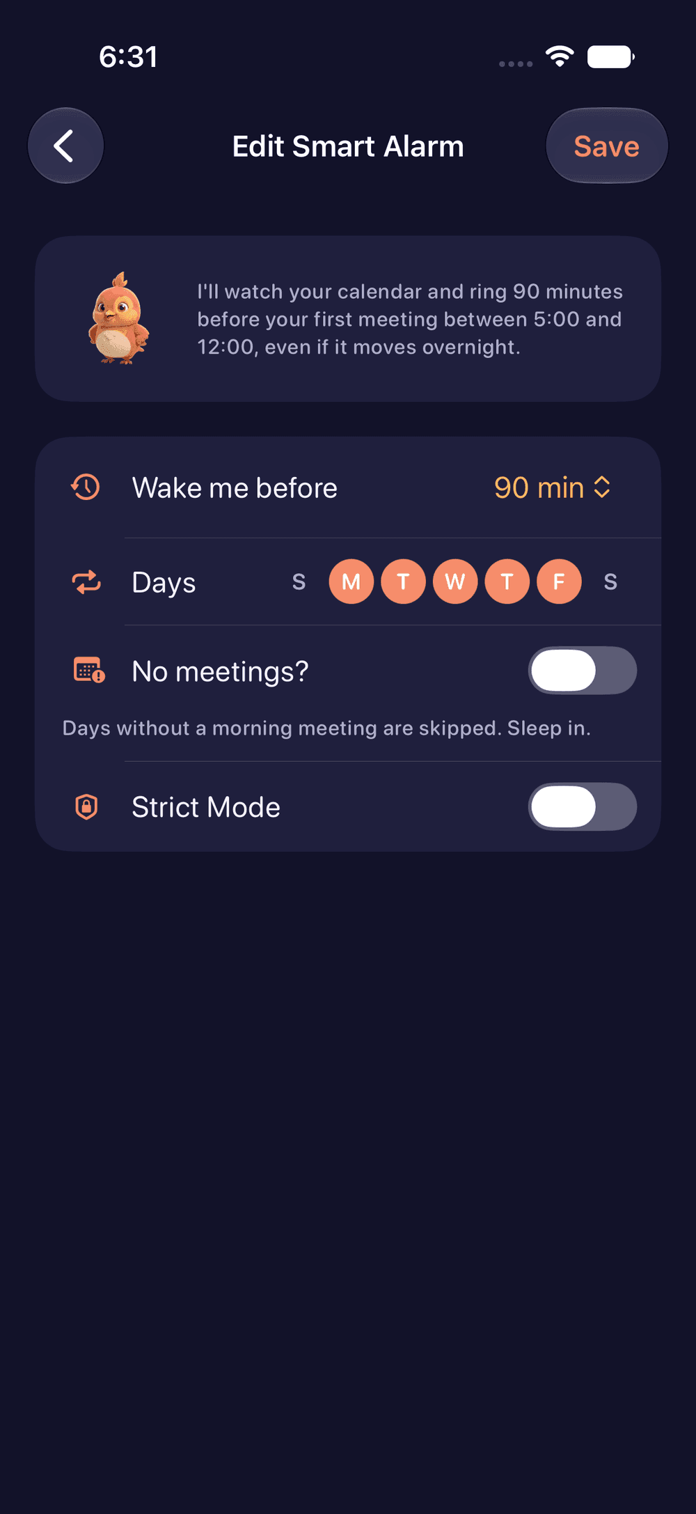 The smart alarm rule editor, set to ring 90 minutes before the first meeting